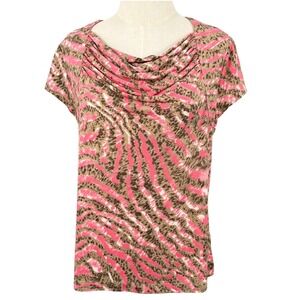 EUC Jones Wear L Blouse Pink Tan Animal Print Cowl Neck Mob Wife Y2K Animalier